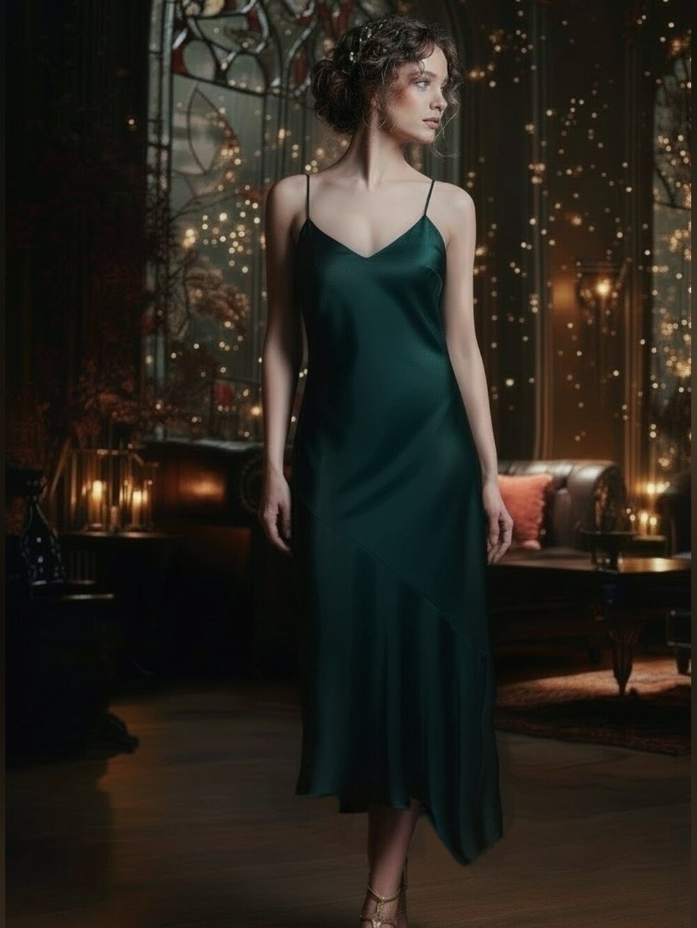 Mng Satin Minimalist Whimsigoth Slip Dress in Deep Green
